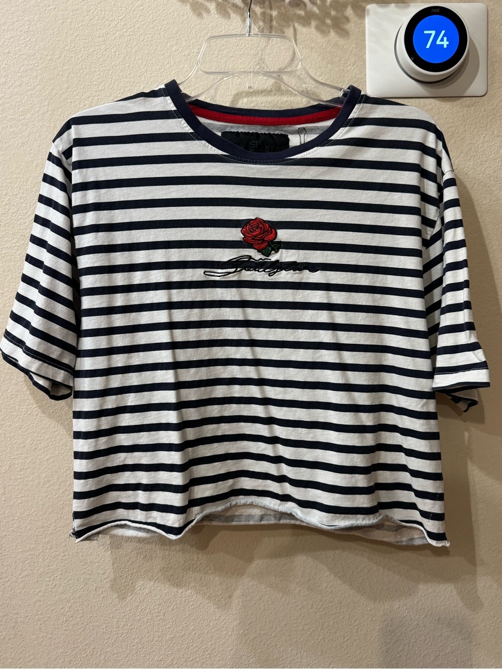 SOUL STAR ENGLAND Striped T-SHIRT  - Blue White Striped Embroidered Rose Size S